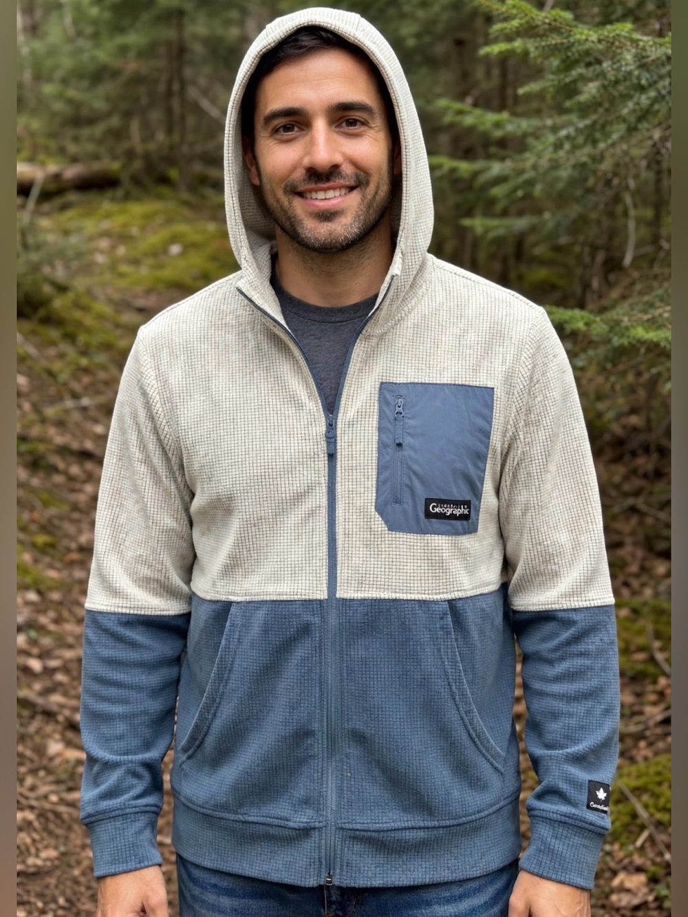 National Geographic Men's Two-Tone Hooded Zip Sweater - Cream & Blue